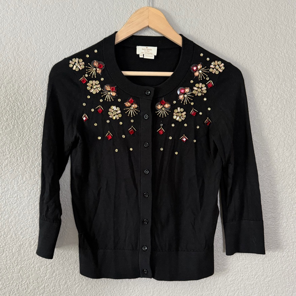Kate Spade Kati Silk/Cashmere Black Embellished Jewel-Accent Cardigan